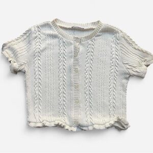 cute ZARA Cable Knit Ivory Cardigan Sweater w/ Short Sleeves Ruffled Hems Sz L